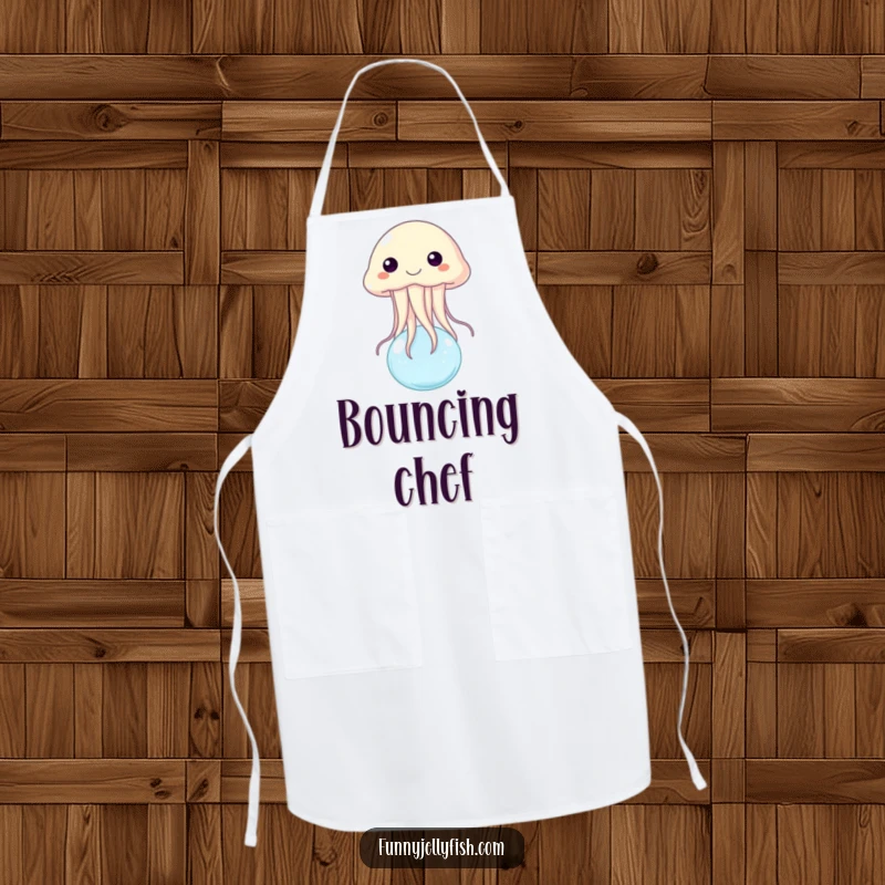 Funny apron depicting a cheerful jellyfish bouncing on a tiny water bubble, ideal for adding humor to kitchen duties.