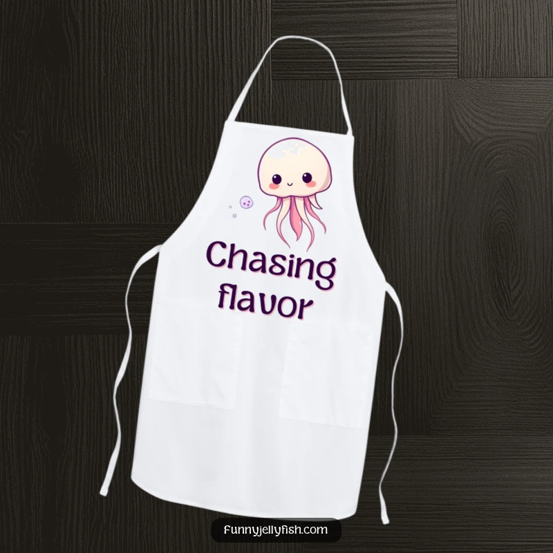 Funny Kawaii Jellyfish Apron showing a cute jellyfish playfully chasing plankton, making cooking a fun underwater experience.
