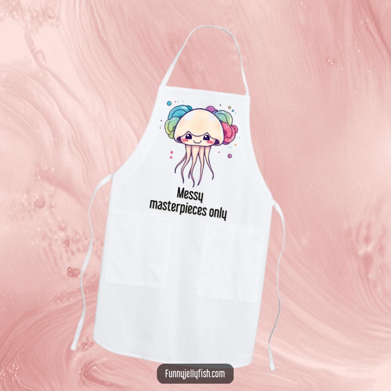 Funny kawaii jellyfish with a mischievous grin creating colorful ink clouds on this durable and cute apron.