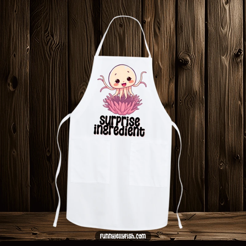 Funny Kawaii Jellyfish Jump Apron showing a cute jellyfish comically leaping from a sea anemone, making kitchen tasks fun.