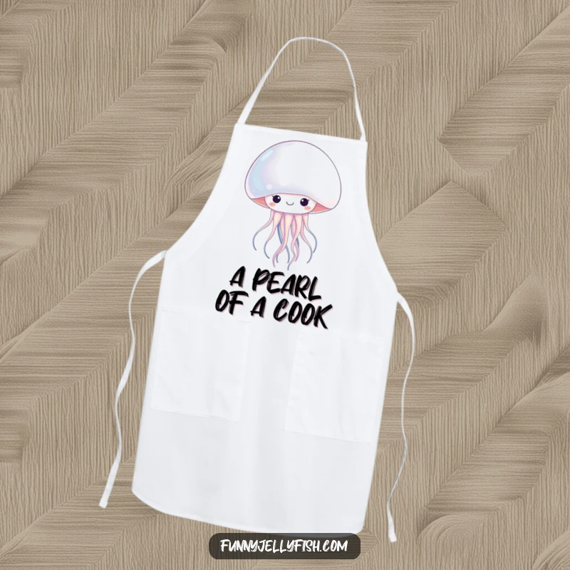 Funny kawaii jellyfish peeking from a luminous pearl, this apron adds humorous and cute ocean vibes to kitchen tasks.