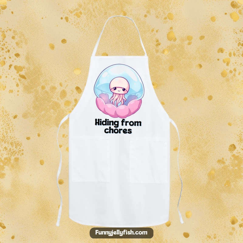 Funny apron depicting a shy jellyfish peeking out from a colorful, translucent anemone, adding a touch of gentle humor to kitchen tasks.