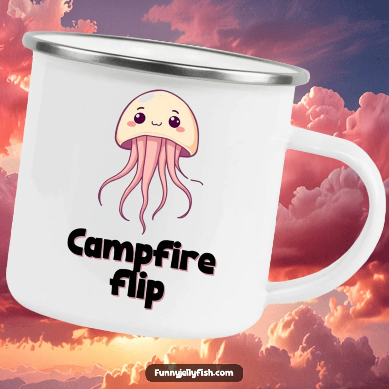 Funny Kawaii Jellyfish Camping Mug, showing a creature floating upside down with a cheerful surprised look, ready for outdoor fun with humorous charm.