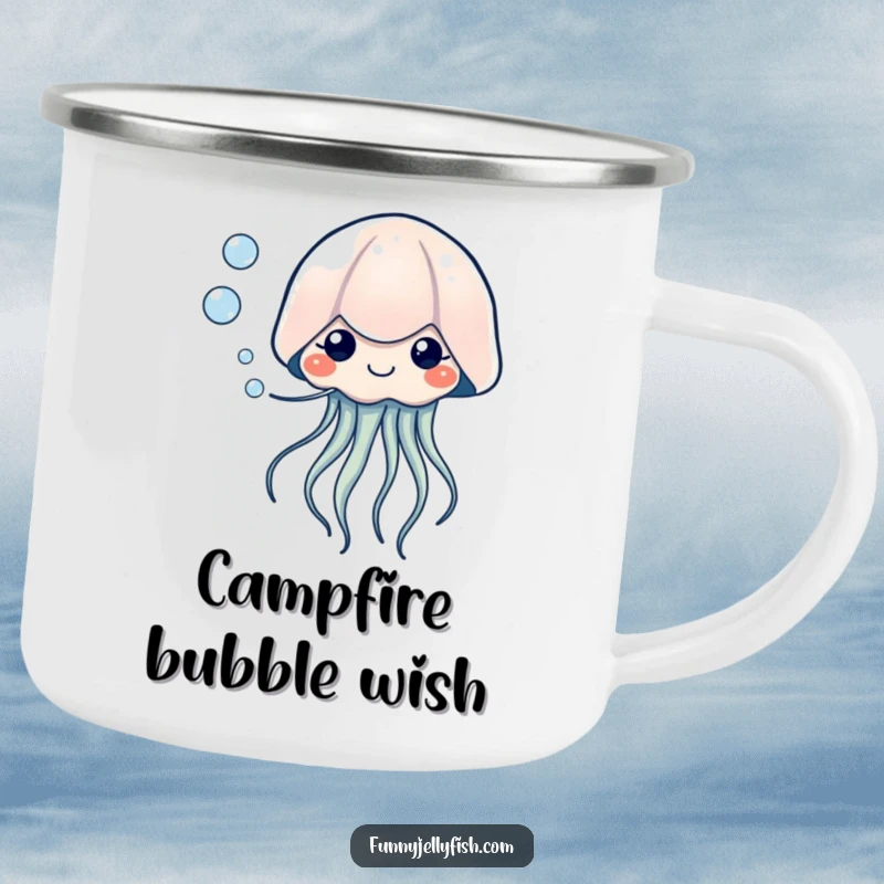 Funny Kawaii Jellyfish Camping Mug, showing a creature blowing bubbles with tiny, happy eyes, ready for outdoor tranquility with humorous charm.