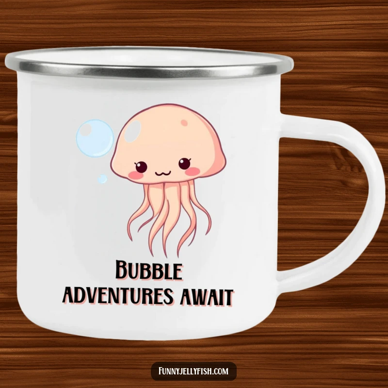 Funny Kawaii Jellyfish Camping Mug playfully bopping a floating bubble, ideal for adventures with cute ocean humor.