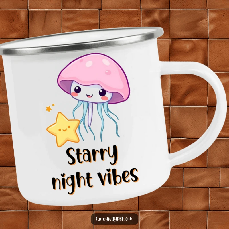 Funny kawaii jellyfish playfully bouncing a miniature star with its bell on this sturdy and cute camping mug.