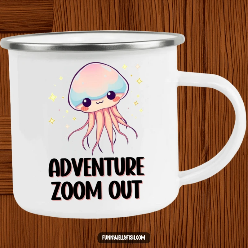Funny Kawaii Jellyfish Camping Mug, showing a creature zooming with sparkly, colorful trails, ready for outdoor fun with humorous energy.