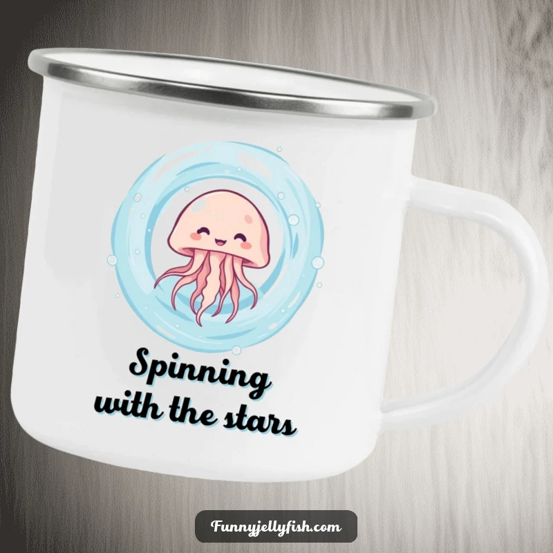 Funny kawaii jellyfish giggling as it spins rapidly in a water vortex on this sturdy and cute camping mug.