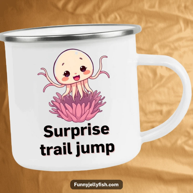 Funny Kawaii Jellyfish Jump Camping Mug with a cute jellyfish comically leaping from a sea anemone, perfect for outdoor drinks.