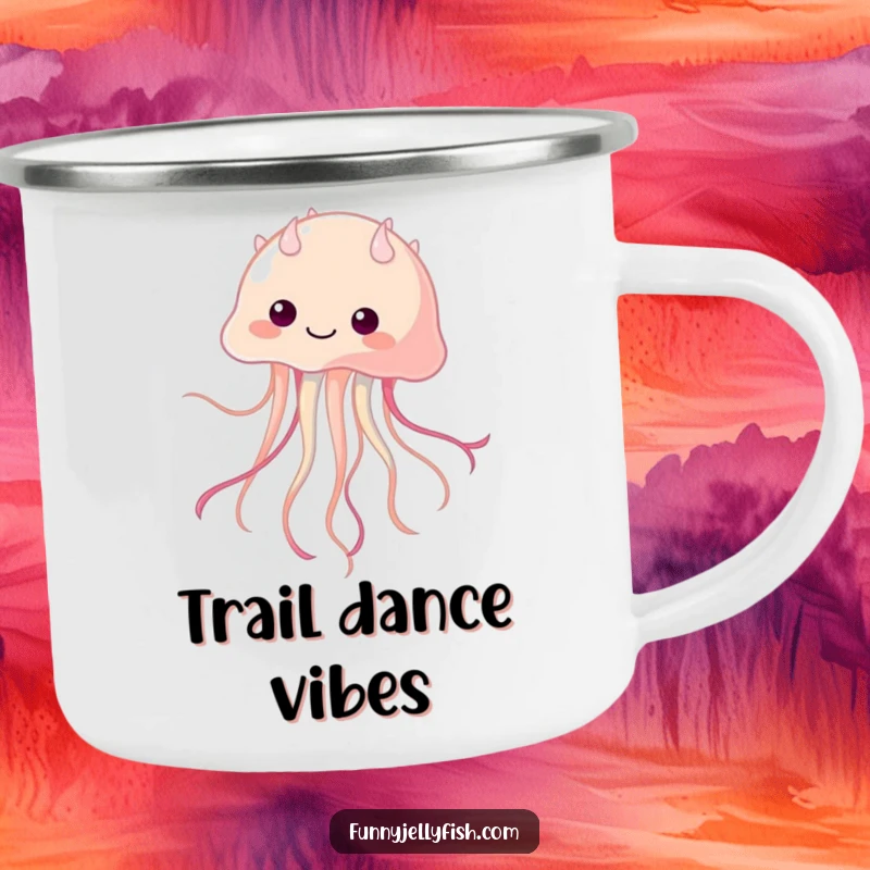 Funny Kawaii Jellyfish Camping Mug, featuring a lively dancer with wiggling tentacles, ready for outdoor adventures with a dose of portable humor.