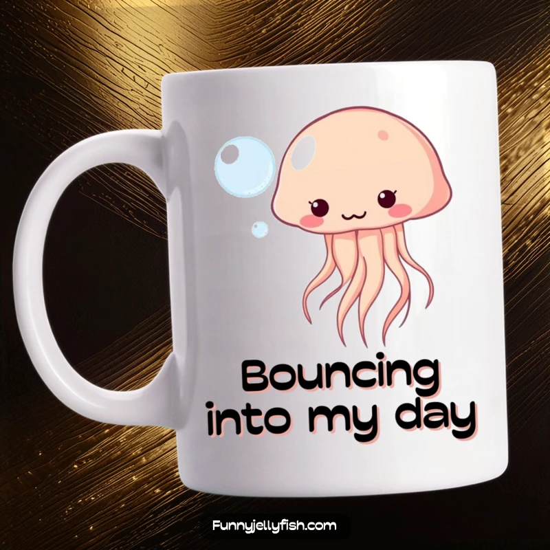 Funny Kawaii Jellyfish Mug playfully bopping a floating bubble, showcasing cute ocean creature antics and lighthearted humor.