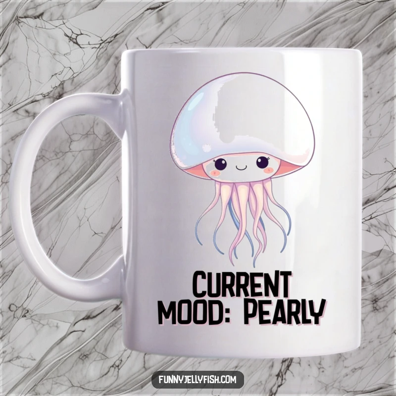 Funny kawaii jellyfish peeking shyly from behind a huge, radiant pearl, this mug captures a moment of adorable ocean wonder.