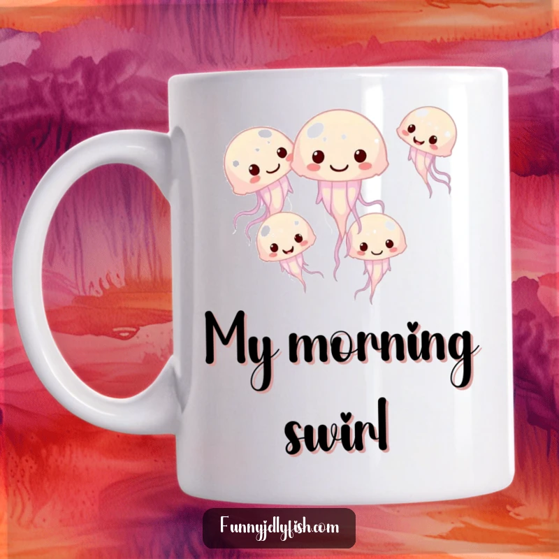 Funny mug showcasing a group of small, giggling jellyfish swimming merrily in a playful circle, radiating pure happiness and camaraderie.