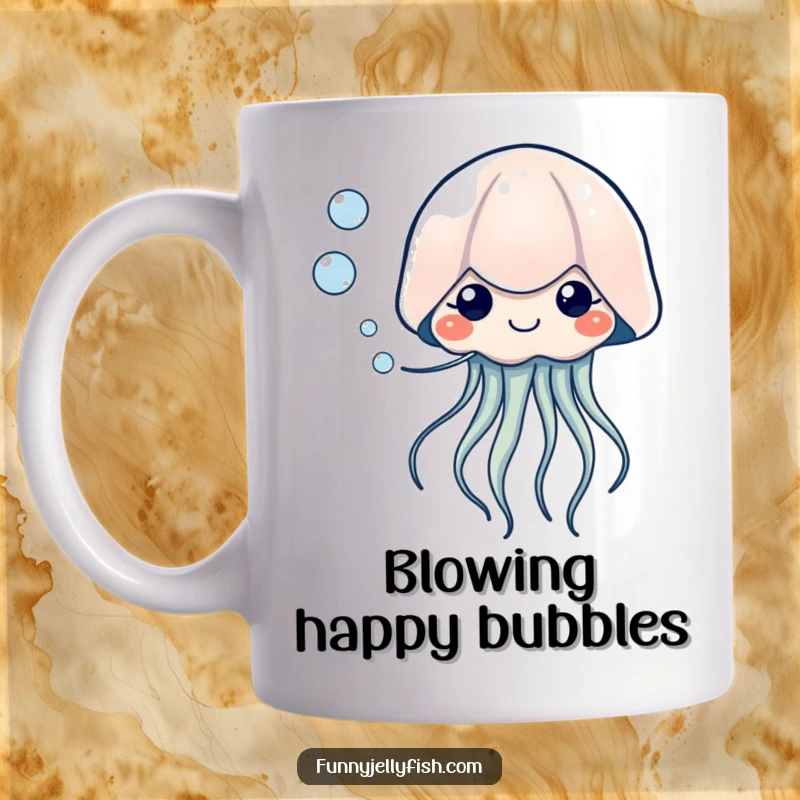 Funny Kawaii Jellyfish Mug, depicted blowing bubbles with tiny, happy eyes, radiating gentleness, joy, and whimsical humor.