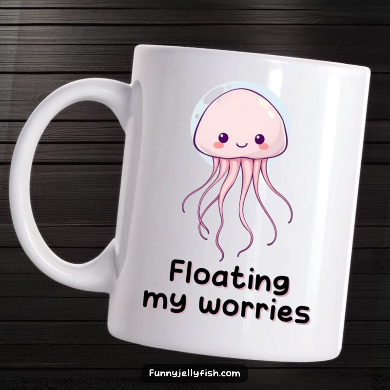 Funny kawaii jellyfish with wiggly tentacles happily floating upwards inside a transparent bubble on this cute mug.