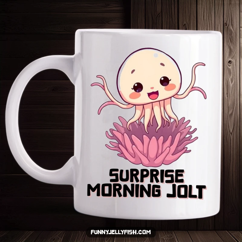 Funny Kawaii Jellyfish Jump Mug showing a cute jellyfish leaping out of a sea anemone in a comical surprise.