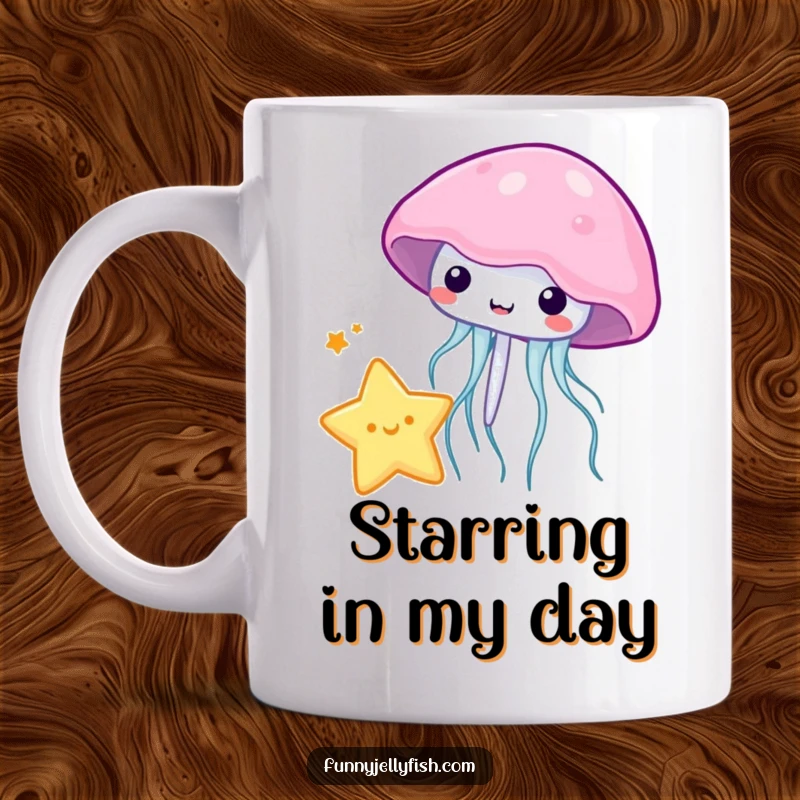 Funny kawaii jellyfish playfully bouncing a tiny star with its bell-shaped body on this charming mug.