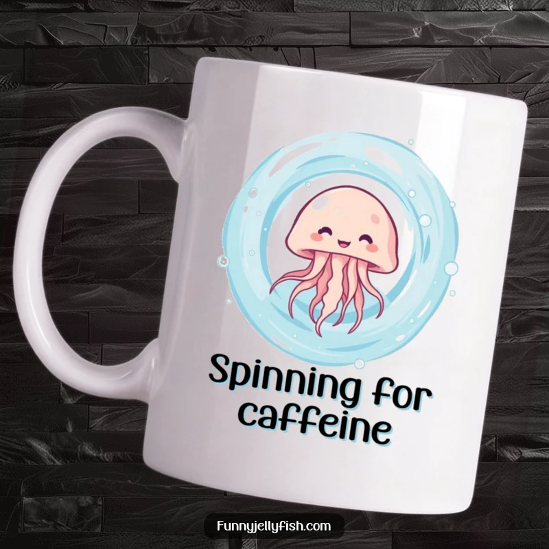 Funny kawaii jellyfish giggling as it spins rapidly within a swirling water vortex on this fun mug.