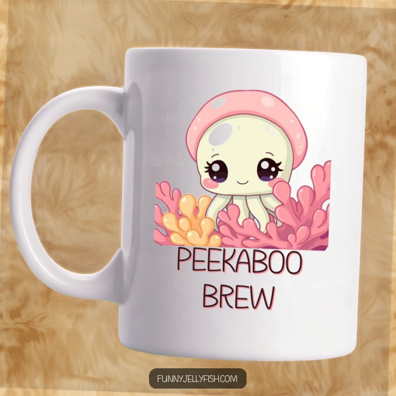 Funny Mug of a Curious Jellyfish with Large, Sparkling Eyes Peeking from Behind Colorful Coral