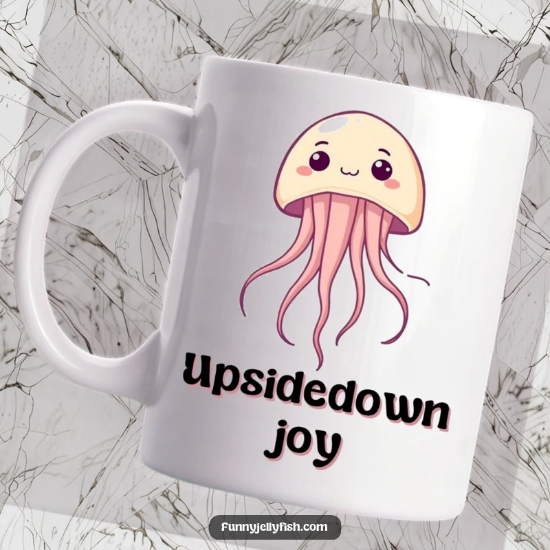 Funny Kawaii Jellyfish Mug, depicted floating upside down with a cheerful, surprised expression, radiating quirky humor and unexpected charm.