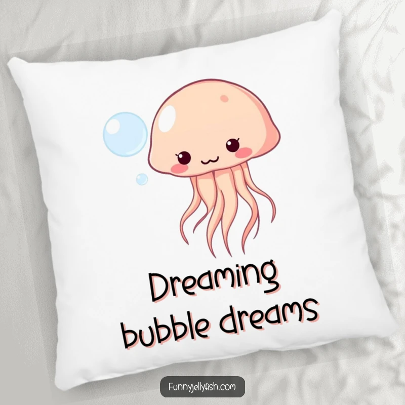 Funny Kawaii Jellyfish Pillow depicting playful bubble-bouncing, offering plush comfort and cute ocean-themed humor.