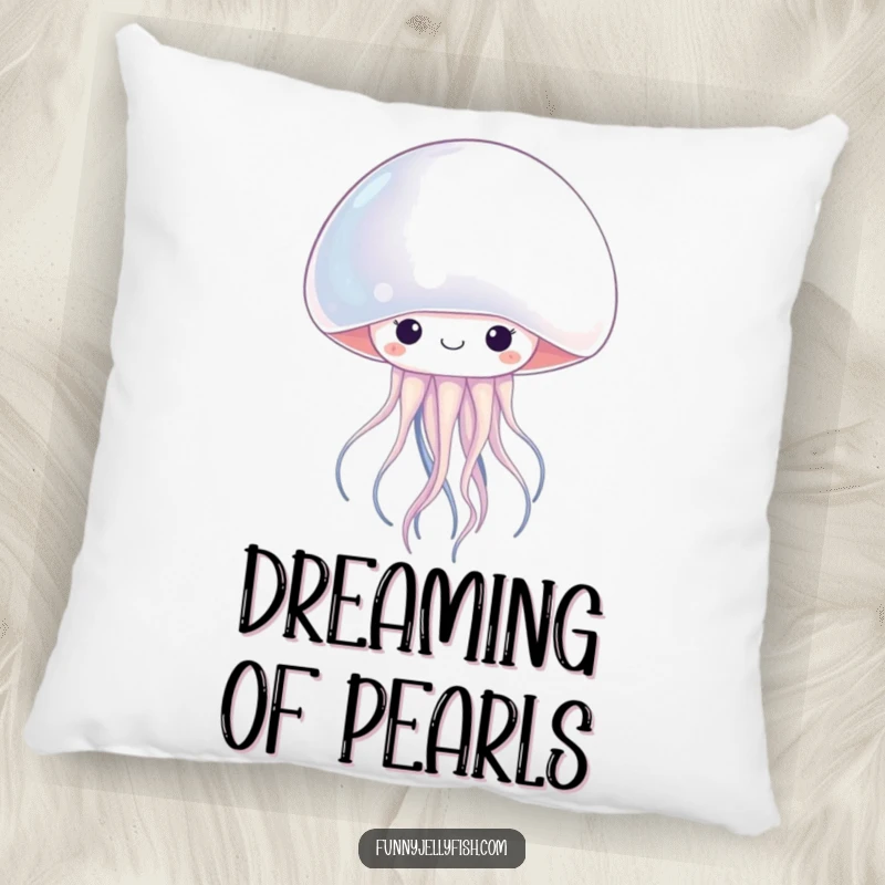 Funny kawaii jellyfish peeking from a large, shimmering pearl, this pillow offers cozy, humorous ocean-themed decor.