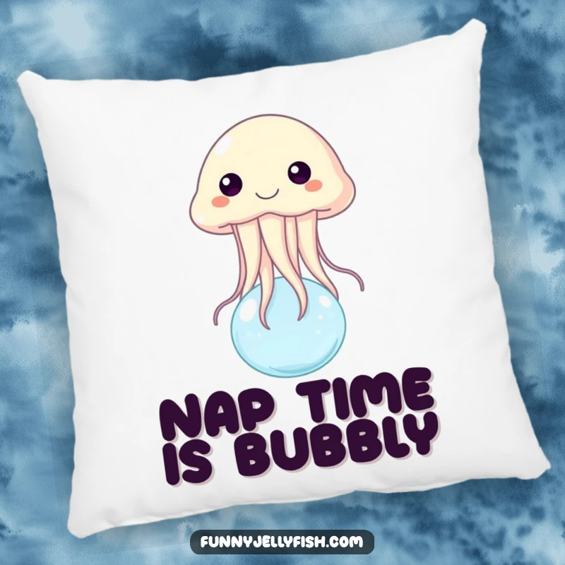 Funny pillow featuring a delighted jellyfish bouncing effortlessly on a small, sparkling water bubble, adding a touch of playful charm to any couch.