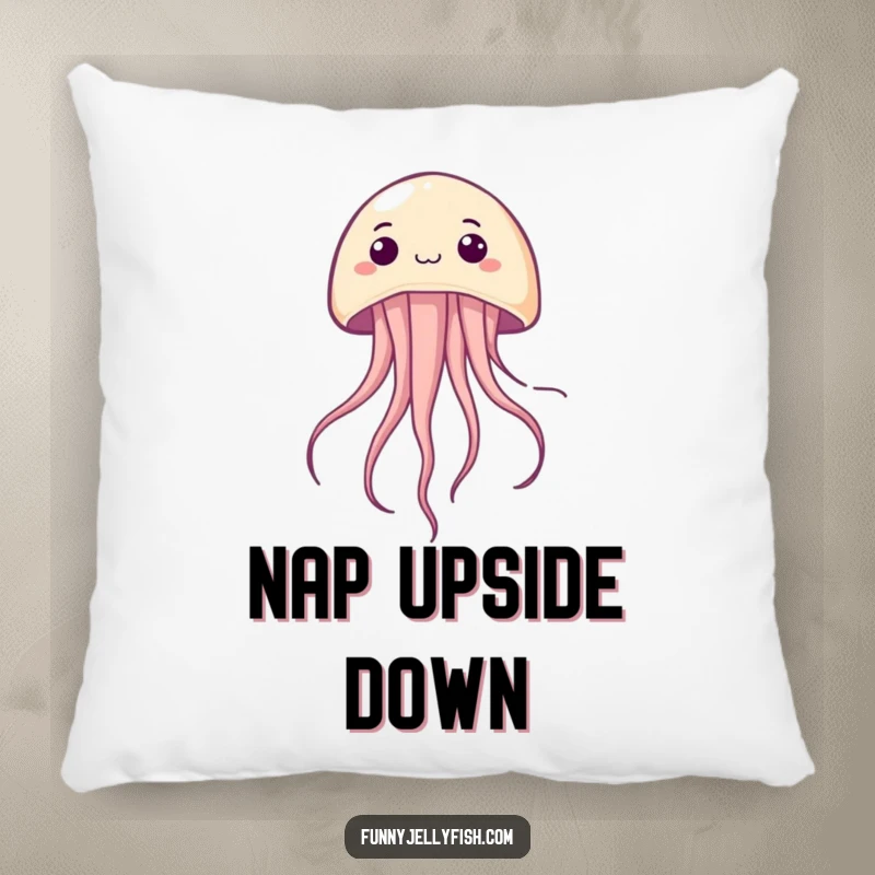 Funny Kawaii Jellyfish Pillow, depicting a creature hilariously upside down with a cute, surprised expression, offering plush comfort and humorous charm.