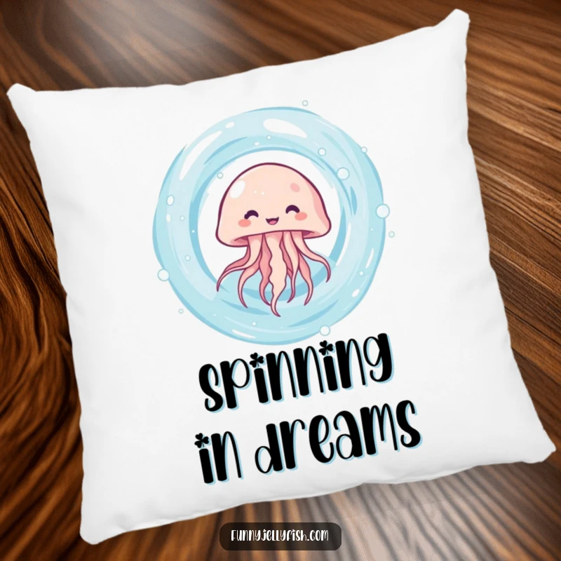 Funny kawaii jellyfish giggling as it spins rapidly in a water vortex, featured on this soft and plush pillow.