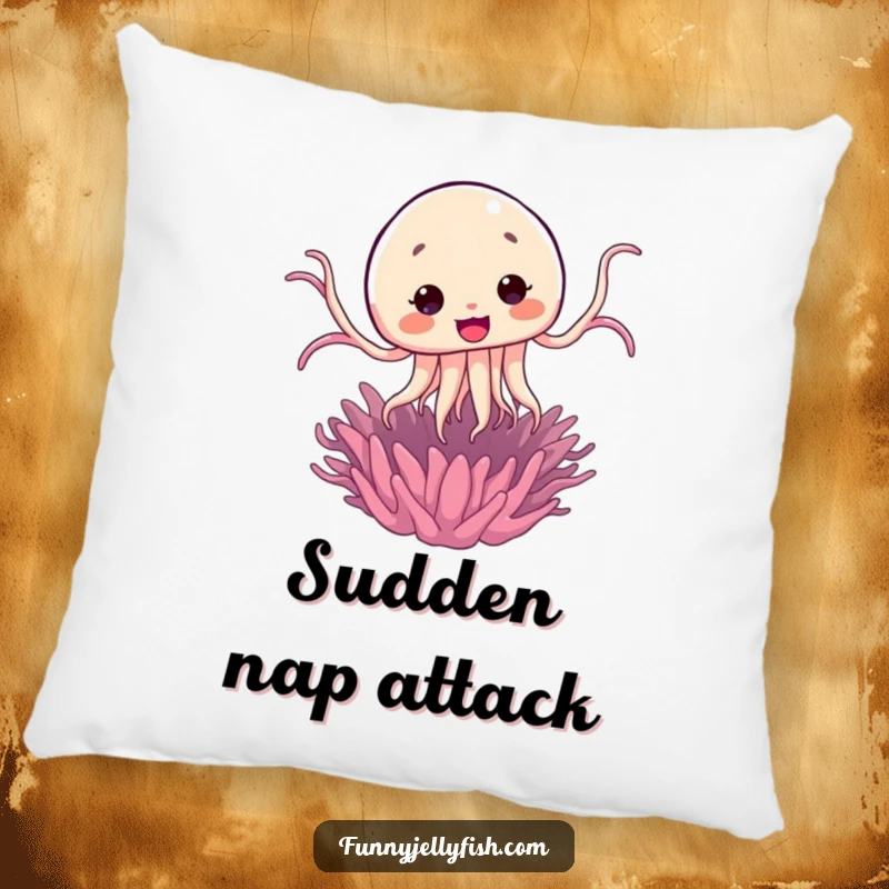 Funny Kawaii Jellyfish Jump Pillow showing a cute jellyfish comically jumping from a sea anemone, offering soft comfort.