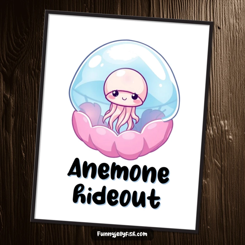 Funny digital art print of a shy jellyfish peeking out from a translucent, colorful anemone, creating a whimsical and heartwarming wall art.