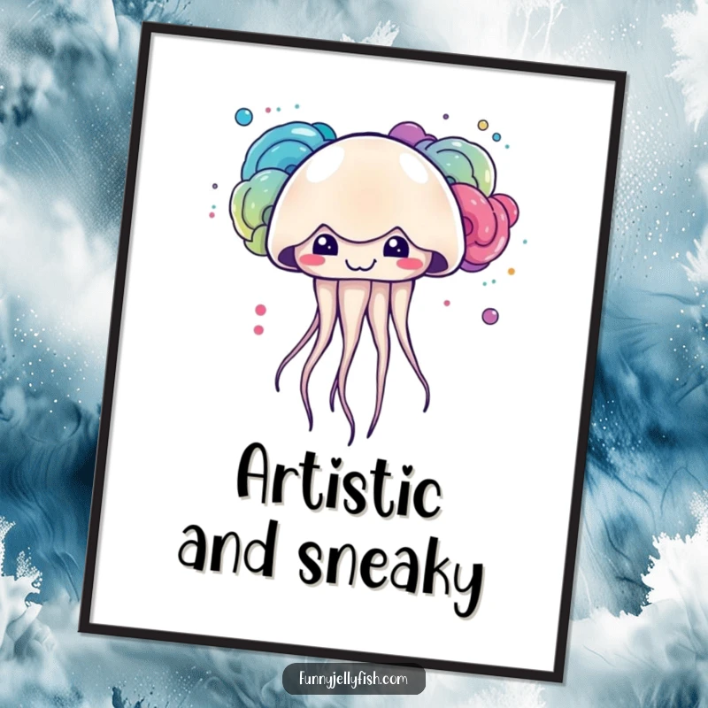 Funny kawaii jellyfish with a mischievous grin creating colorful ink clouds, rendered as a vibrant digital art print.