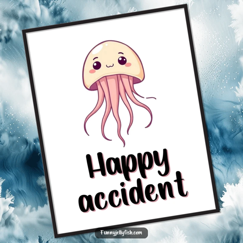 Funny Kawaii Jellyfish Digital Art Print, showing a creature upside down with a cheerful, surprised look, delivering instant humor and whimsical charm.