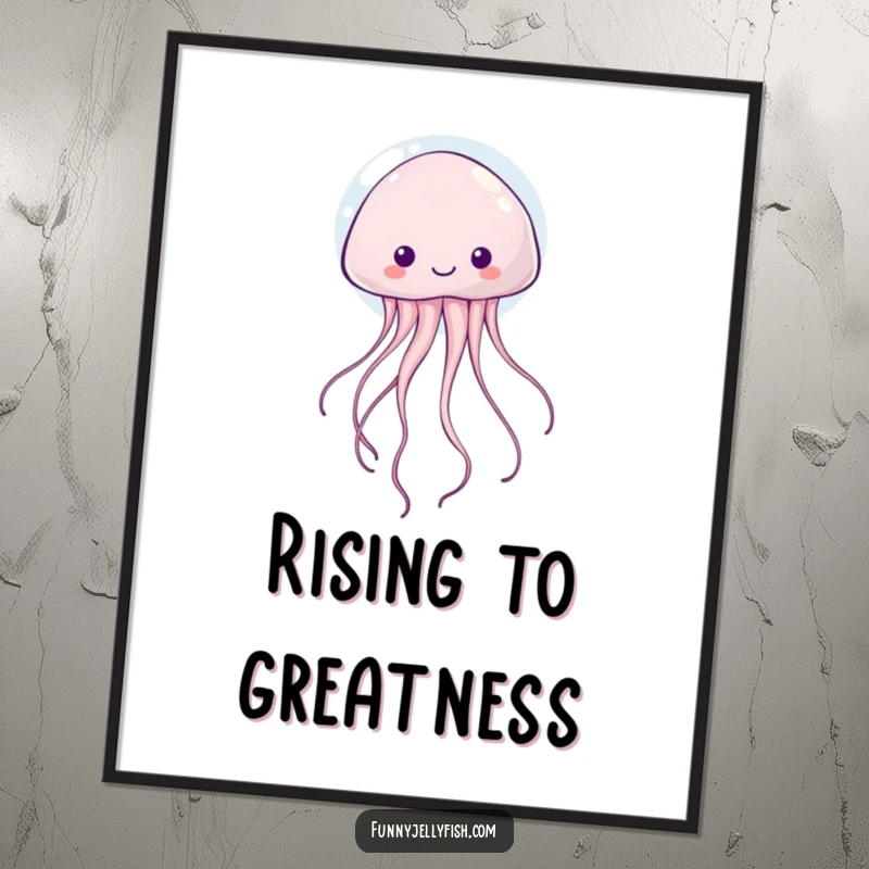 Funny kawaii jellyfish with wiggly tentacles happily floating upwards inside a bubble, rendered as a vibrant digital art print.