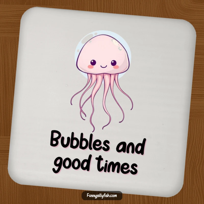 Funny kawaii jellyfish with trailing, wiggly tentacles floating happily inside a bubble on this protective and cute drink coaster.