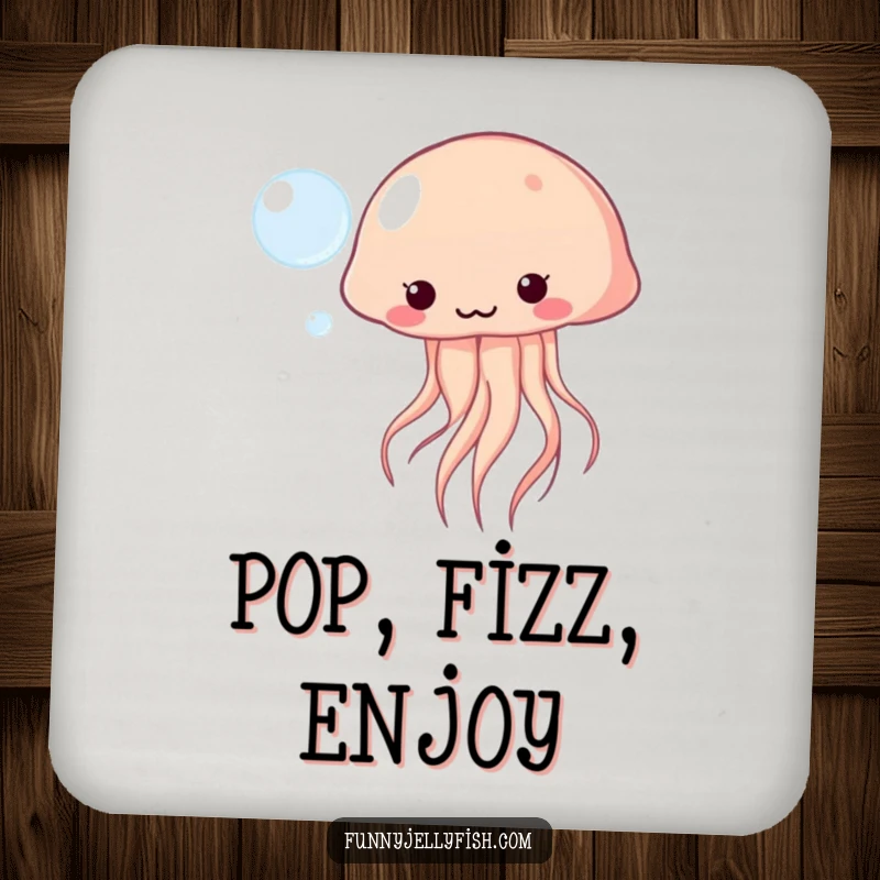 Funny Kawaii Jellyfish Coasters playfully bopping a floating bubble, offering surface protection with cute ocean humor.