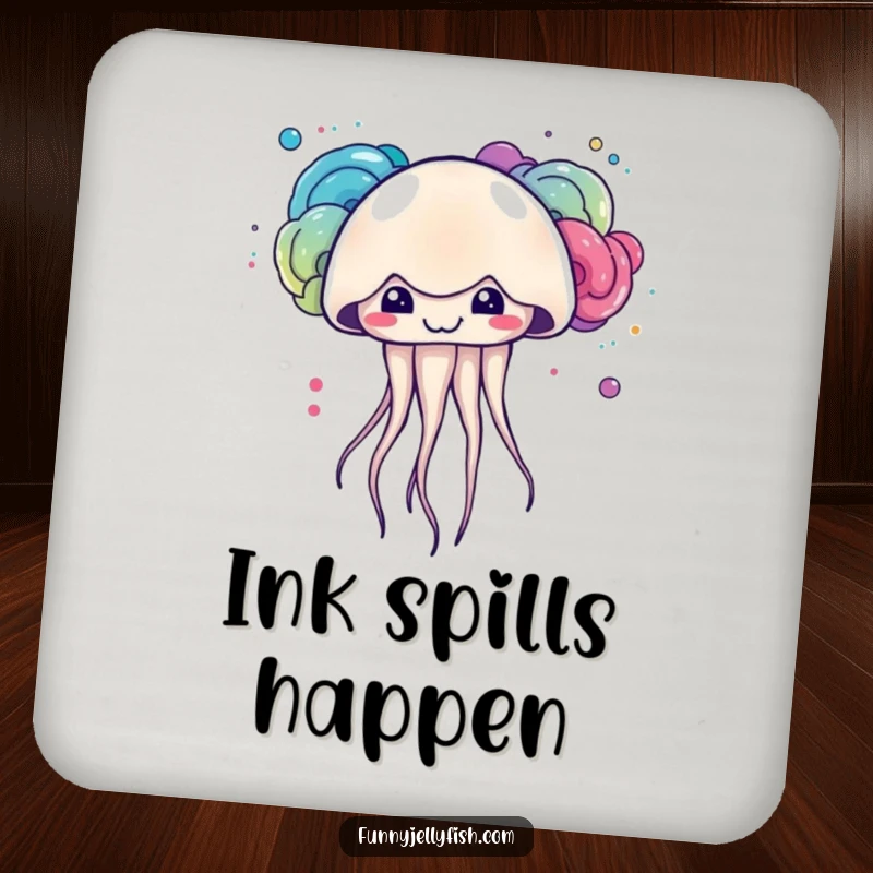 Funny kawaii jellyfish with a mischievous grin creating colorful ink clouds on this protective and cute drink coaster.