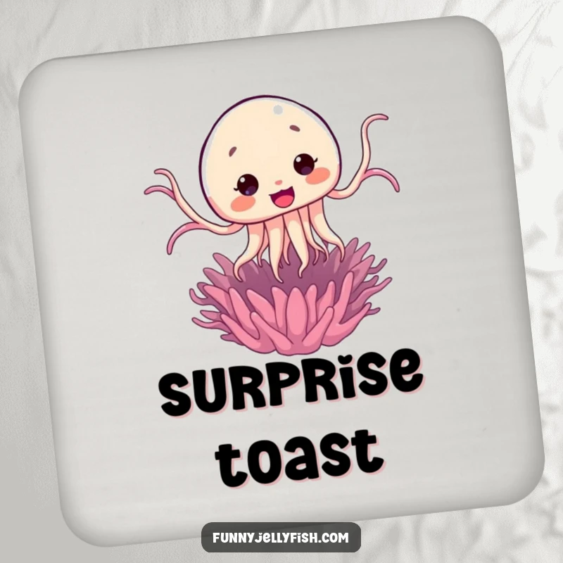 Funny Kawaii Jellyfish Jump Drink Coaster showing a cute jellyfish comically leaping from a sea anemone, safeguarding surfaces.