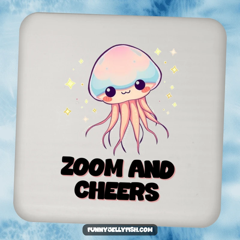 Funny Kawaii Jellyfish Coaster, depicting a creature zooming with sparkly, colorful trails, adding humorous and energetic flair to any drink setup.