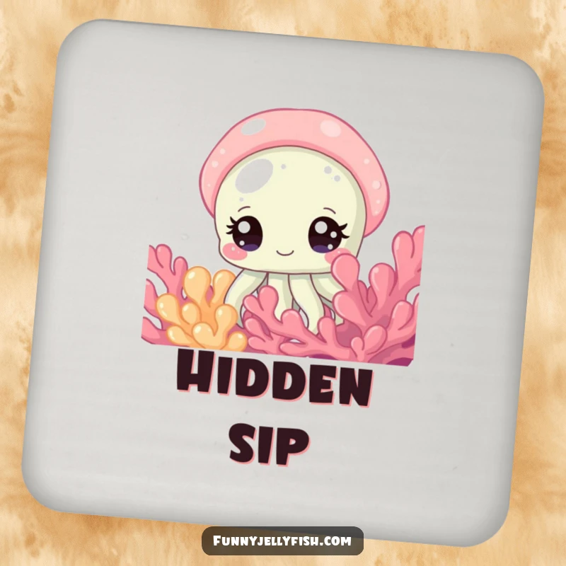 Funny Coaster featuring a Curious Jellyfish with Sparkling Eyes Peeking from Coral, protecting surfaces with charm