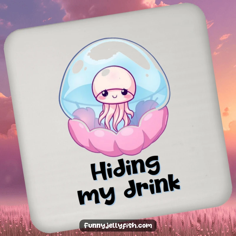 Funny coaster set featuring a shy jellyfish peeking out from a colorful anemone, adding subtle aquatic humor to your tables.