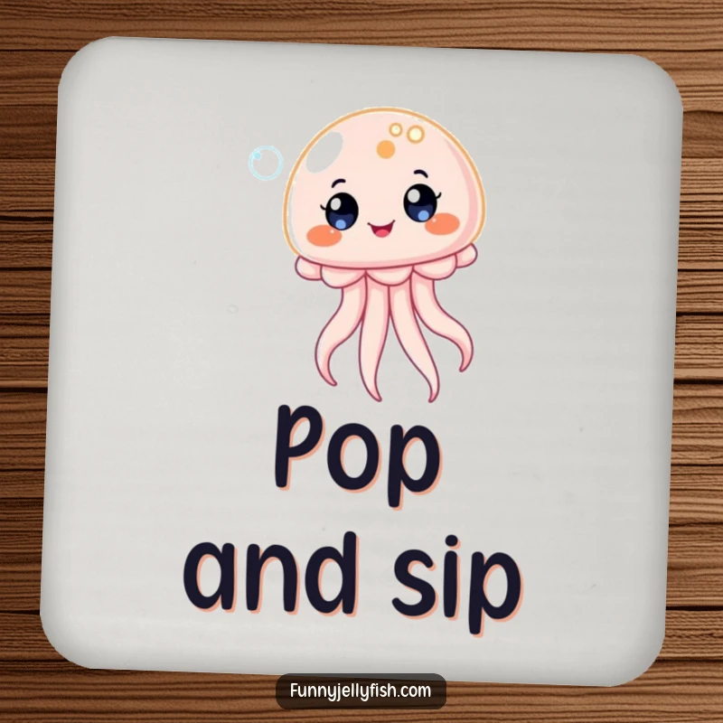 Funny Kawaii Jellyfish Coaster, depicting a creature bouncing on a bubble with delighted eyes, adding humorous and playful flair to any drink setup.