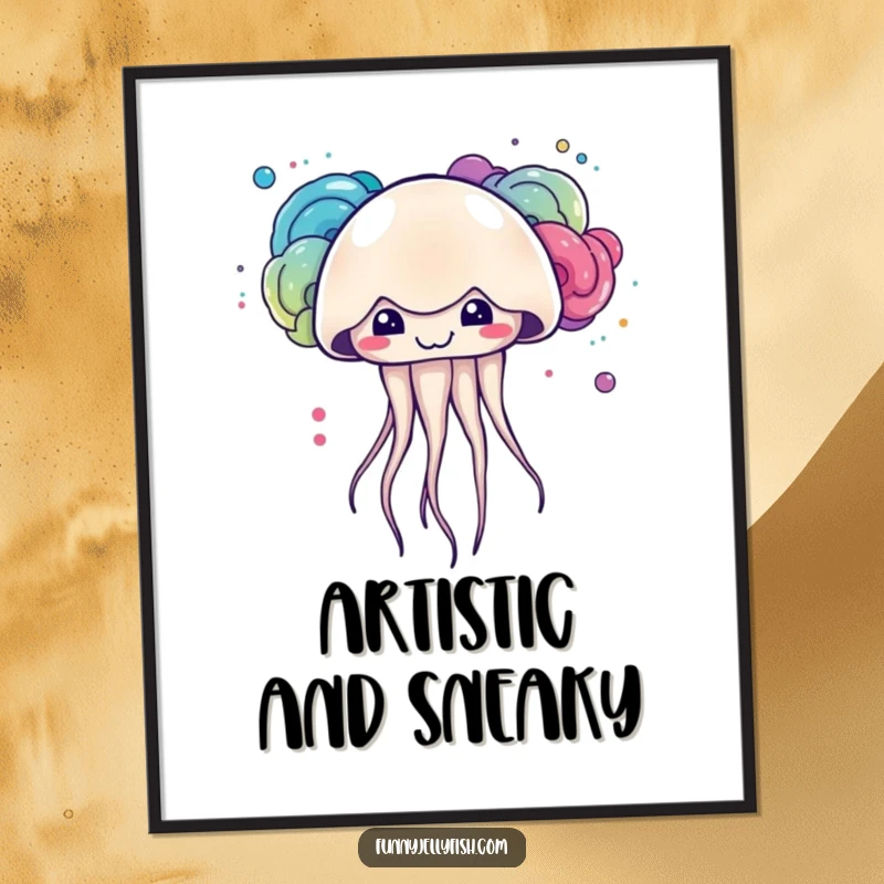 Funny kawaii jellyfish with a mischievous grin creating colorful ink clouds, presented as a vibrant wall poster.