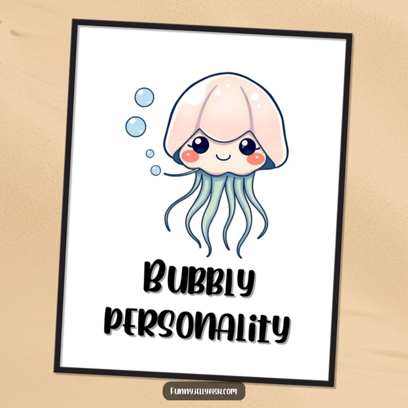 Funny Kawaii Jellyfish Poster, illustrating a creature blowing bubbles with tiny, happy eyes, adding a touch of humorous gentleness and peaceful artistry.