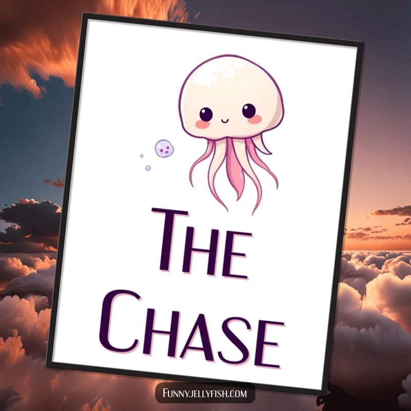 Funny Kawaii Jellyfish Poster showing a cute jellyfish playfully chasing tiny plankton, bringing serene underwater vibes.