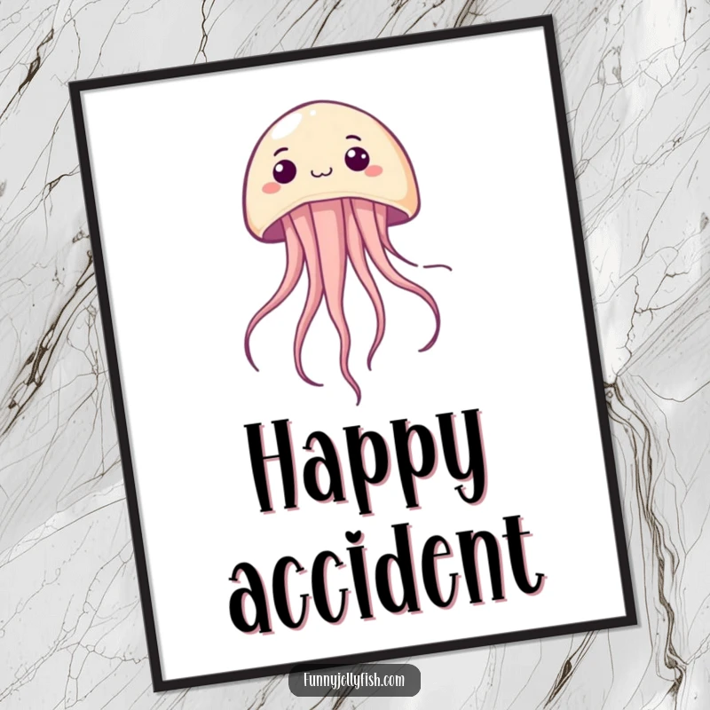 Funny Kawaii Jellyfish Poster, illustrating a creature floating upside down with a cheerful grimace, adding whimsical humor and artistic flair to any wall.