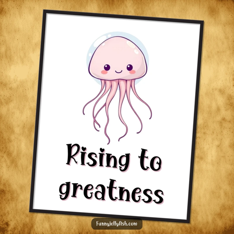 Funny kawaii jellyfish with wiggly tentacles happily floating upwards inside a bubble, presented as a vibrant wall poster.