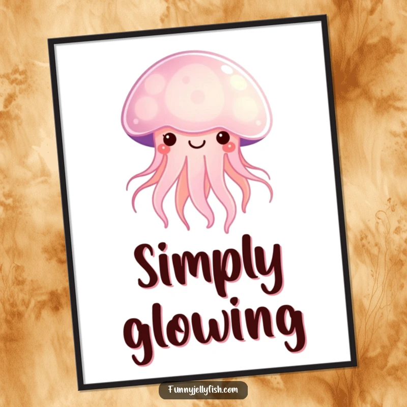 Funny Kawaii Jellyfish Poster radiating a soft, happy glow, bringing cute, cheerful ocean vibes and artistic humor to any wall.