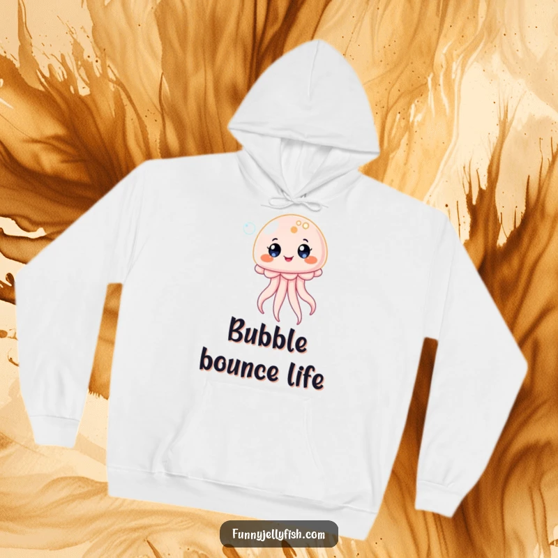 Funny Kawaii Jellyfish Hoodie, showing a creature bouncing happily on a bubble with delighted eyes, offering cozy comfort and whimsical fun.