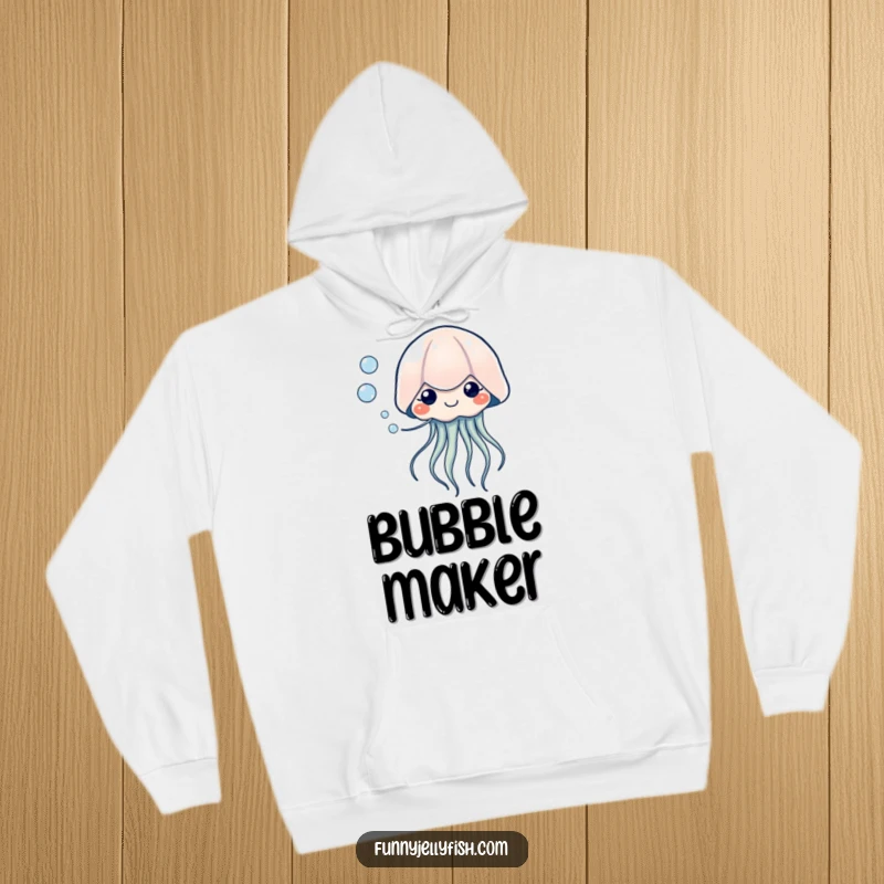 Funny Kawaii Jellyfish Hoodie, showing a creature blowing bubbles with tiny, happy eyes, offering cozy comfort and gentle, whimsical fun.